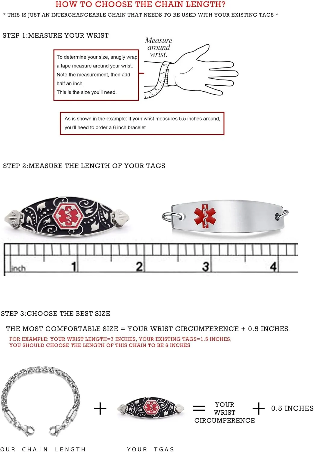 LinnaLove-Stainless Steel Figaro Chain lnterchangeable Medical Alert Bracelets - (Just Chain)