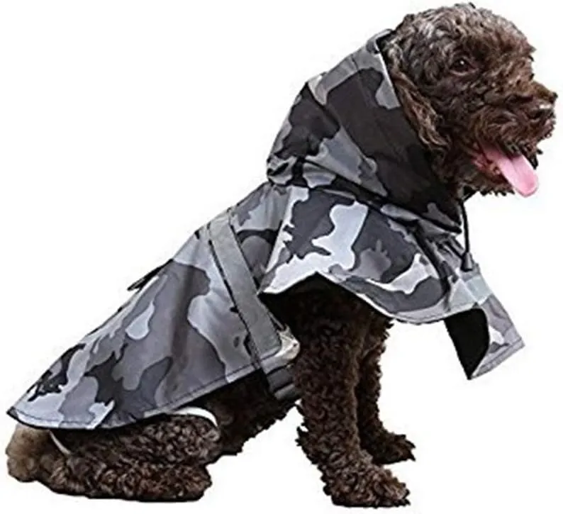 Mikayoo Large Dog Camouflage Raincoat Ajustable Pet Waterproof Clothes Lightweight Rain Jacket Poncho Hoodies with Strip Reflective(Gray M)