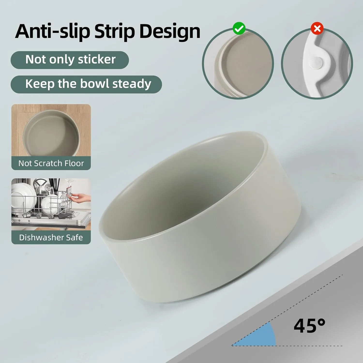 Non-Slip Ceramic Dog Bowl - Small & Medium Dog Feeding Bowl, Protects Cervical Spine (6in, Grey)