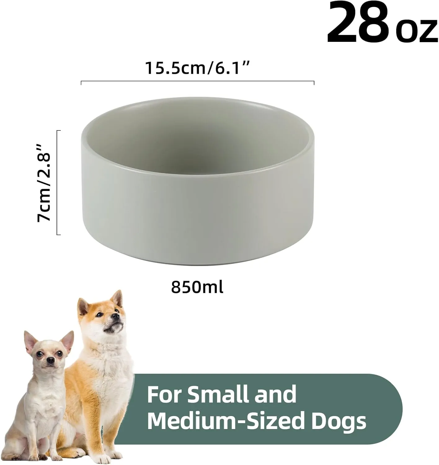 Non-Slip Ceramic Dog Bowl - Small & Medium Dog Feeding Bowl, Protects Cervical Spine (6in, Grey)
