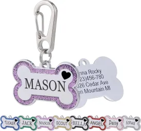 Personalized Dog Tags for Pets Deep Engraved Text and Cute Heart Icons Glittering Bone Shapes Double Sided Engraving Suitable for Dogs and Cats ID Tags Collar Accessories