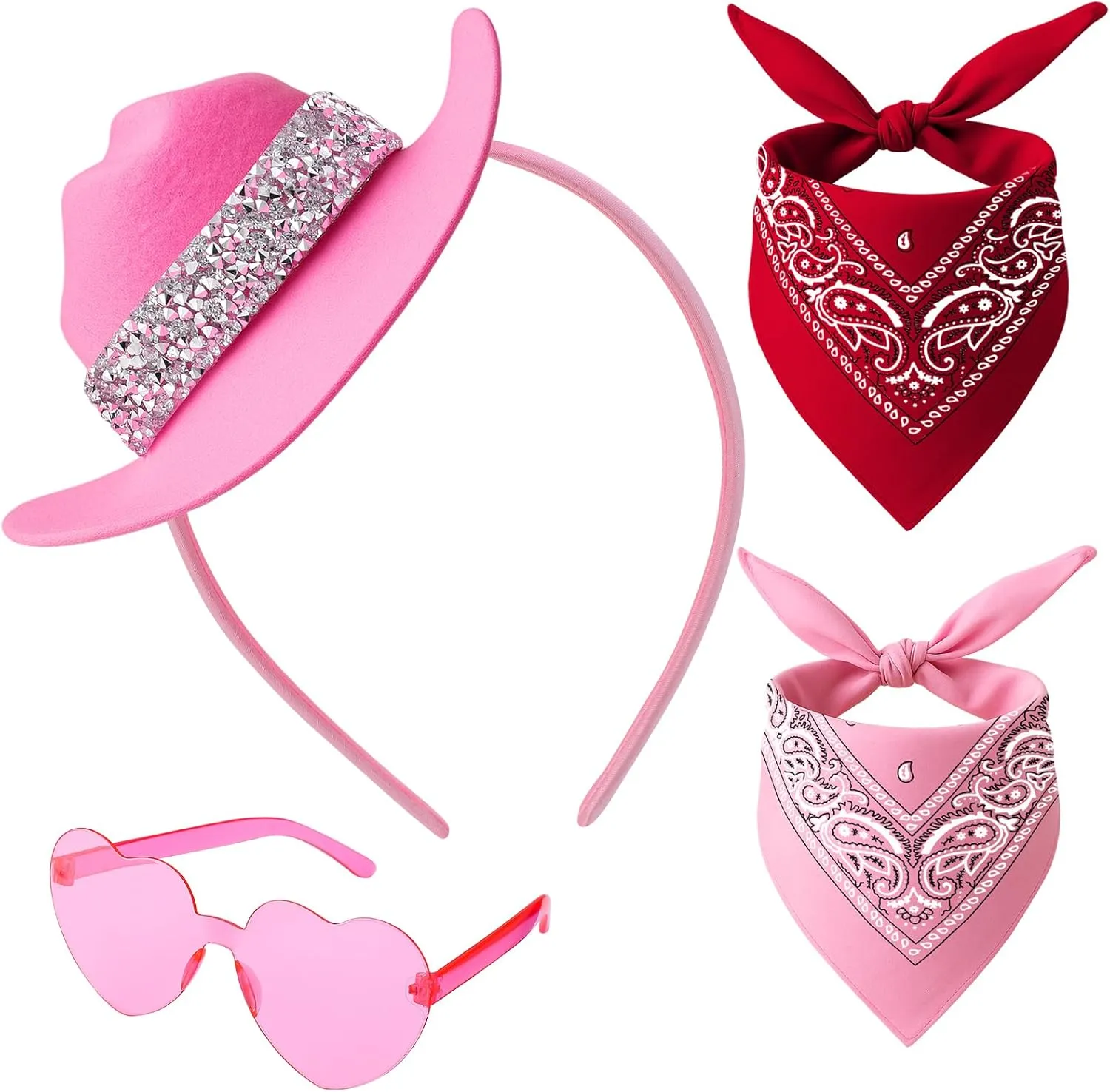 Pink Cowgirl Hat Headband, Pink Mini Cowboy Hat Headband, Cowboy Accessories with Heart Glasses Bandanas for Cosplay Theme Party