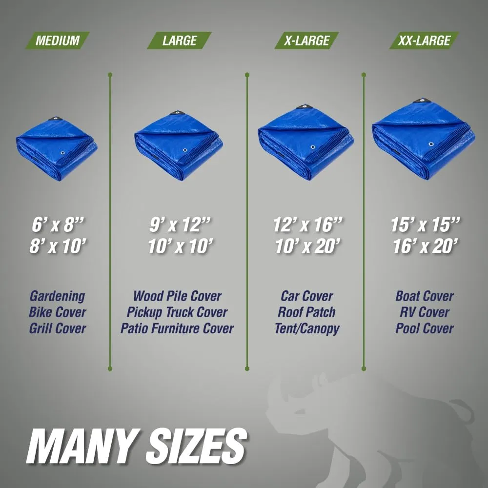 Rugged Rhino All Weather 100% Waterproof Heavy Duty Tarp, 5 Mil UV Temperature Resistant Tarps, High Durability Multipurpose Cover, for Home Outdoor Patio Winter Leaf Camping, 6x8 1 Pack Blue