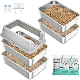 Sifting Stainless Steel Litter Box for Pine Pellets, 2Pcak, High Side Metal Cat Litter Pan Tray, Less Tracking, Easy Cleaning, with Scoop & Liners & Cat Litter, Grey