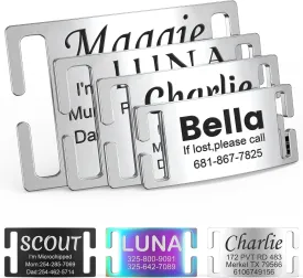 Slide-On Pet ID Tags - S/M/L/XL Dog Tags Personalized, Silent, No Noise Stainless Steel, Custom Engraved Collar Tag for Large and Small Dogs (Silver)