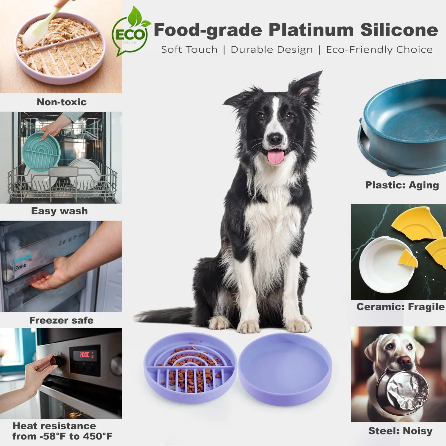 Slow Feeder Bowls Set for Medium Dogs & Puppies - Silicone Non-Slip Food & Water Bowls, Promotes Healthy Digestion, Dishwasher & Microwave Safe, 2 & 5 Cups (Pastel Lilac)