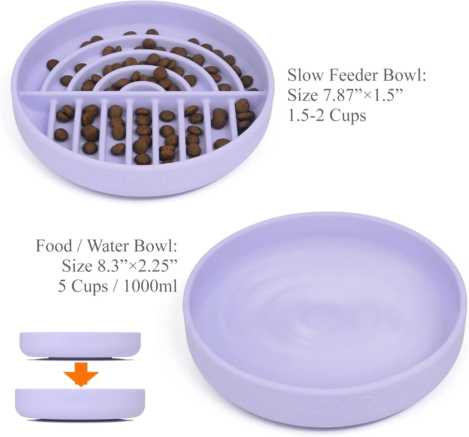 Slow Feeder Bowls Set for Medium Dogs & Puppies - Silicone Non-Slip Food & Water Bowls, Promotes Healthy Digestion, Dishwasher & Microwave Safe, 2 & 5 Cups (Pastel Lilac)