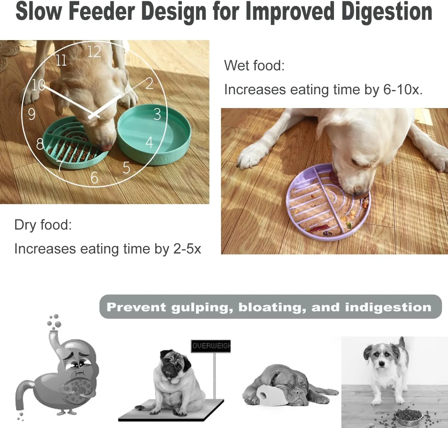 Slow Feeder Bowls Set for Medium Dogs & Puppies - Silicone Non-Slip Food & Water Bowls, Promotes Healthy Digestion, Dishwasher & Microwave Safe, 2 & 5 Cups (Pastel Lilac)