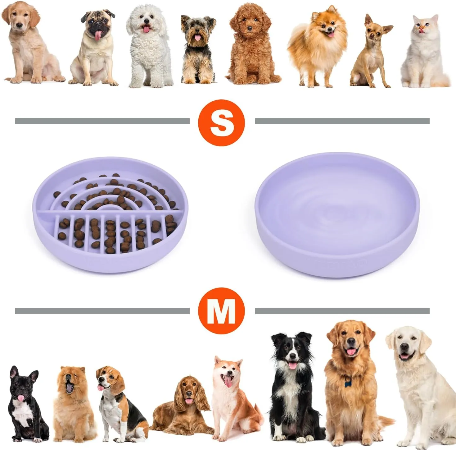 Slow Feeder Bowls Set for Medium Dogs & Puppies - Silicone Non-Slip Food & Water Bowls, Promotes Healthy Digestion, Dishwasher & Microwave Safe, 2 & 5 Cups (Pastel Lilac)