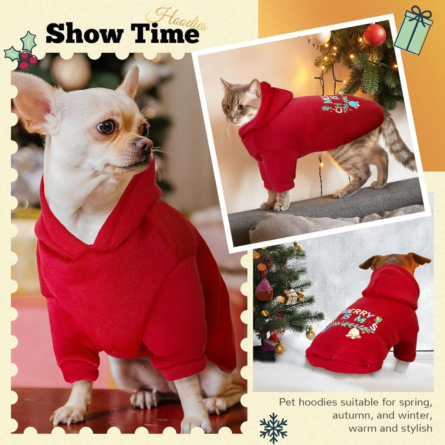 Small Dog Cat Hoodie - Red Fleece Sweater with Leash D Ring - Warm Christmas Xmas Outfit for Small Dogs Cats Boy Girl Puppy Chihuahua Yorkie Shihtzu (Red, XL)