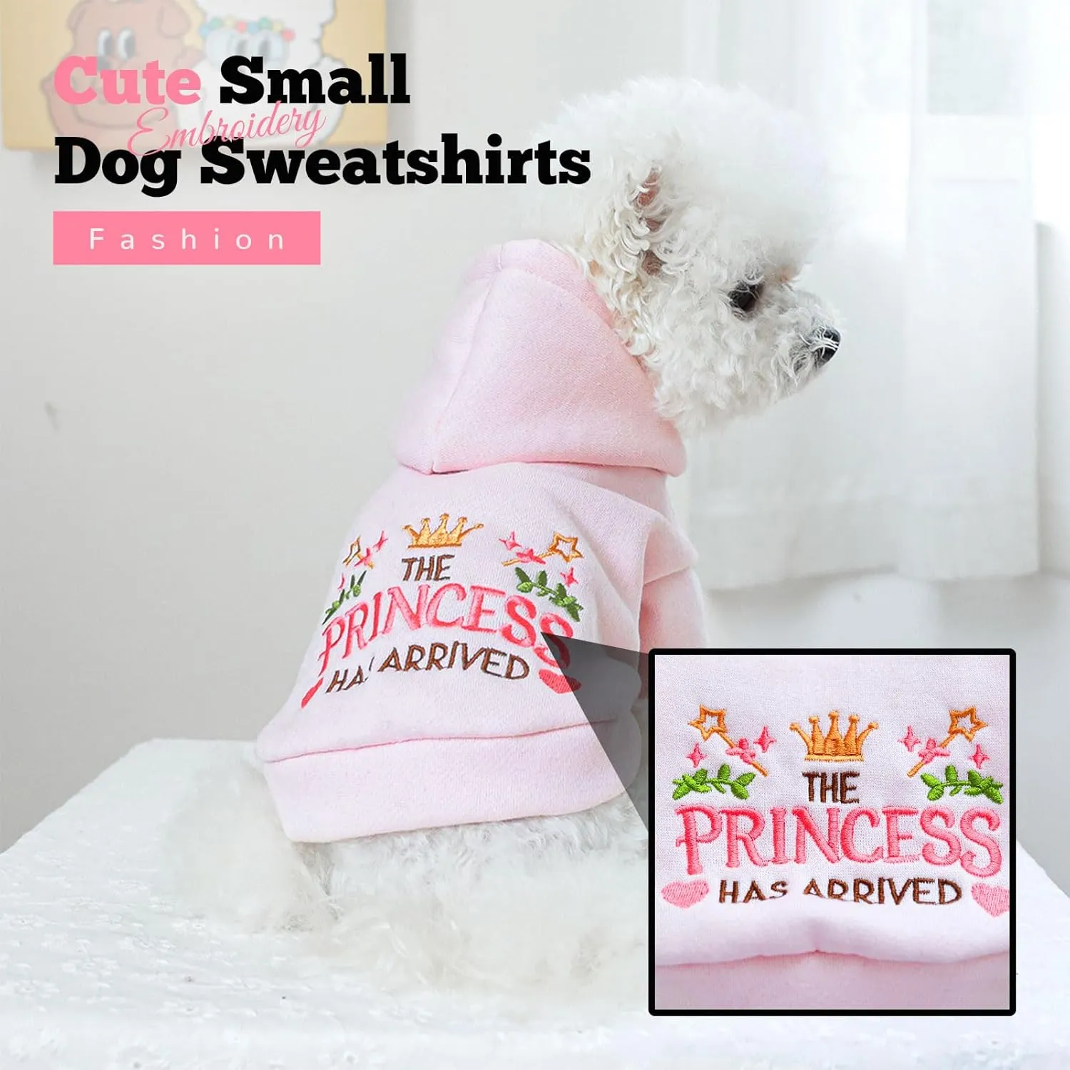 Small Dog Hoodie Clothes Cute Pink Princess Fleece Dog Sweater for Small Dogs Cats Girl Warm Puppy Sweatshirt with Leash D Ring Fall Winter XS Pet Outfits Chihuahua Yorkie Shihtzu(Pink,XS)