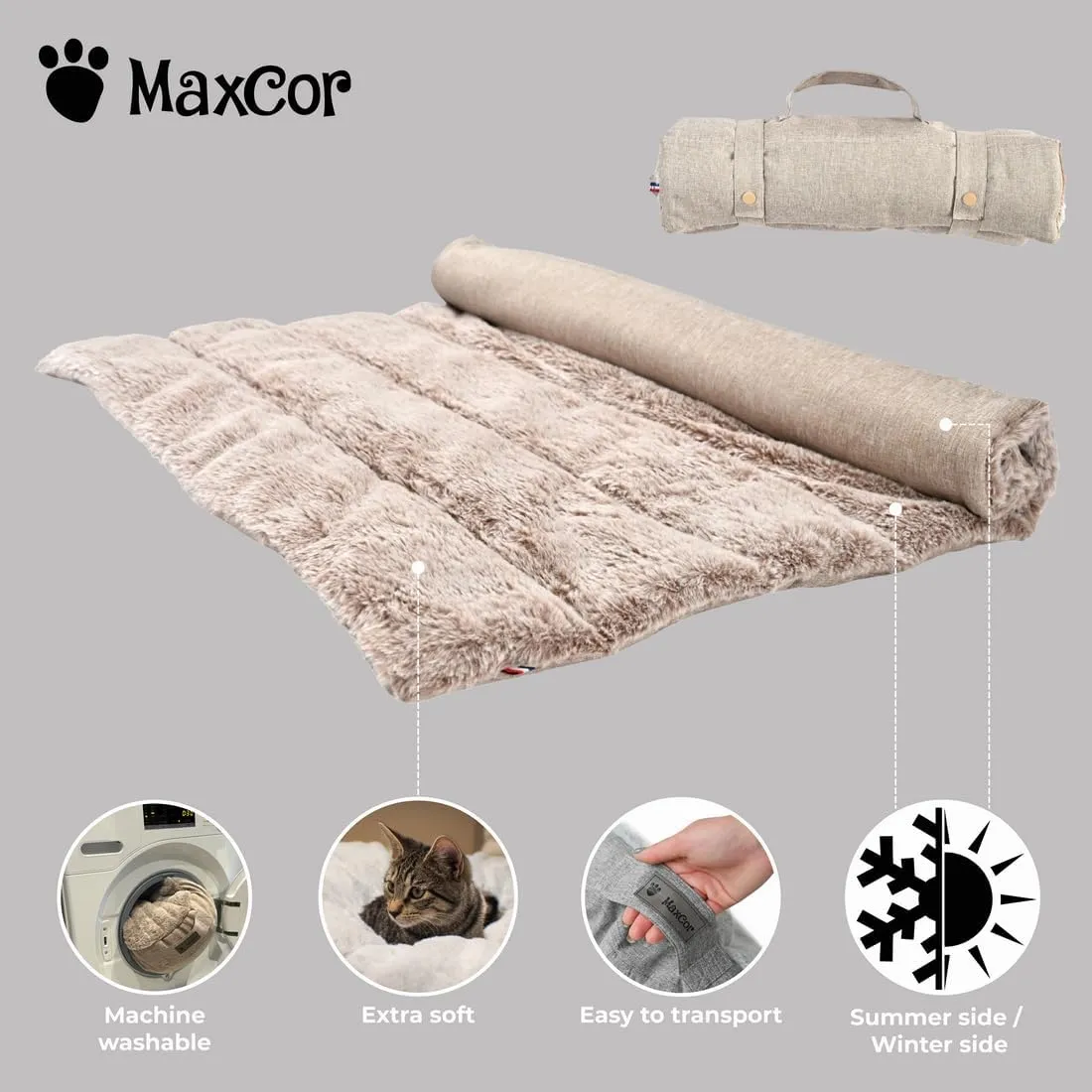 Small Rectangular Beige Cat and Dog Bed - Relieves and Preserves Joints - Reversible Summer/Winter mat and Easy to Carry - Machine Washable and Does Not Deform