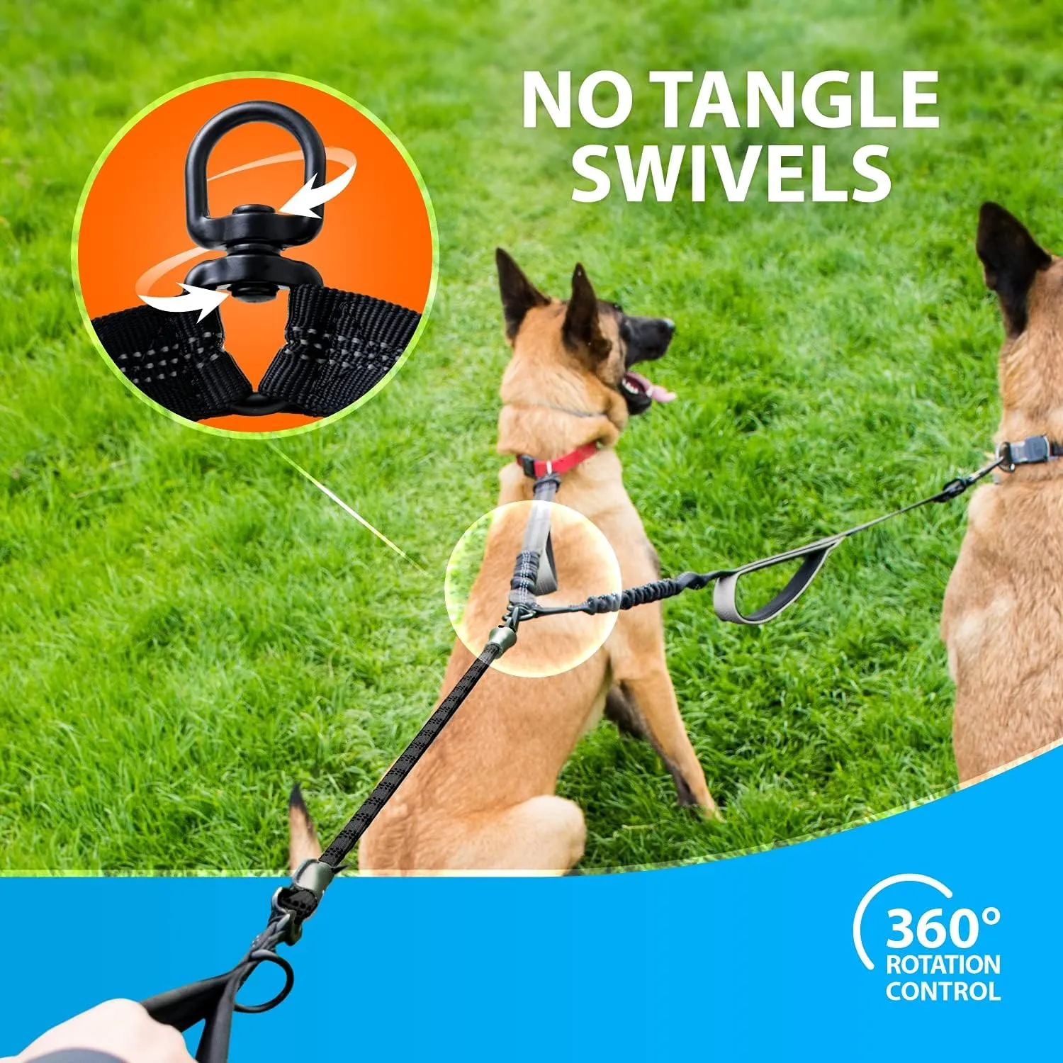 SparklyPets Double Dog Leash for 2 Dogs  Rope Bungee Dual Leash for Medium and Large Breeds with Padded Handles & Tangle Free (Black, Medium/Large)