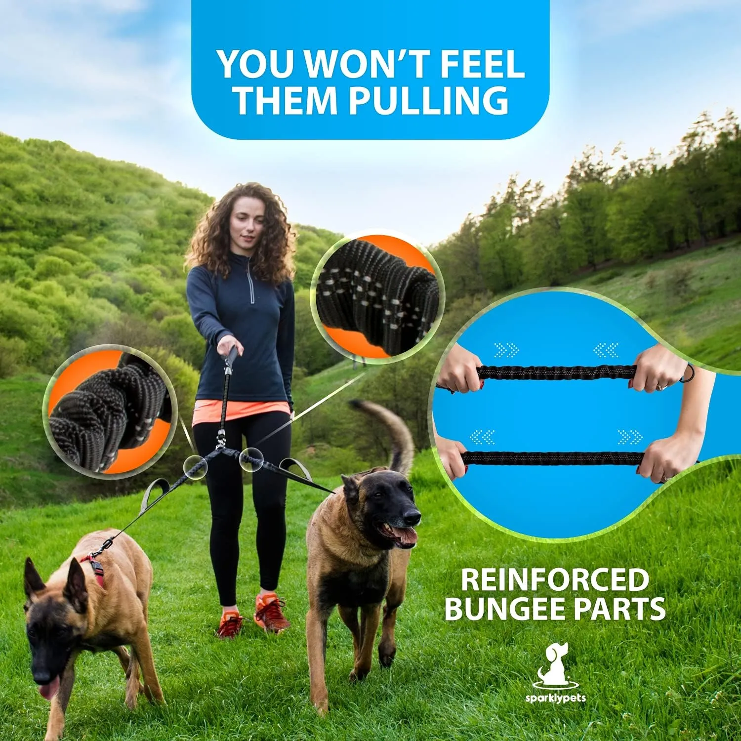 SparklyPets Double Dog Leash for 2 Dogs  Rope Bungee Dual Leash for Medium and Large Breeds with Padded Handles & Tangle Free (Black, Medium/Large)