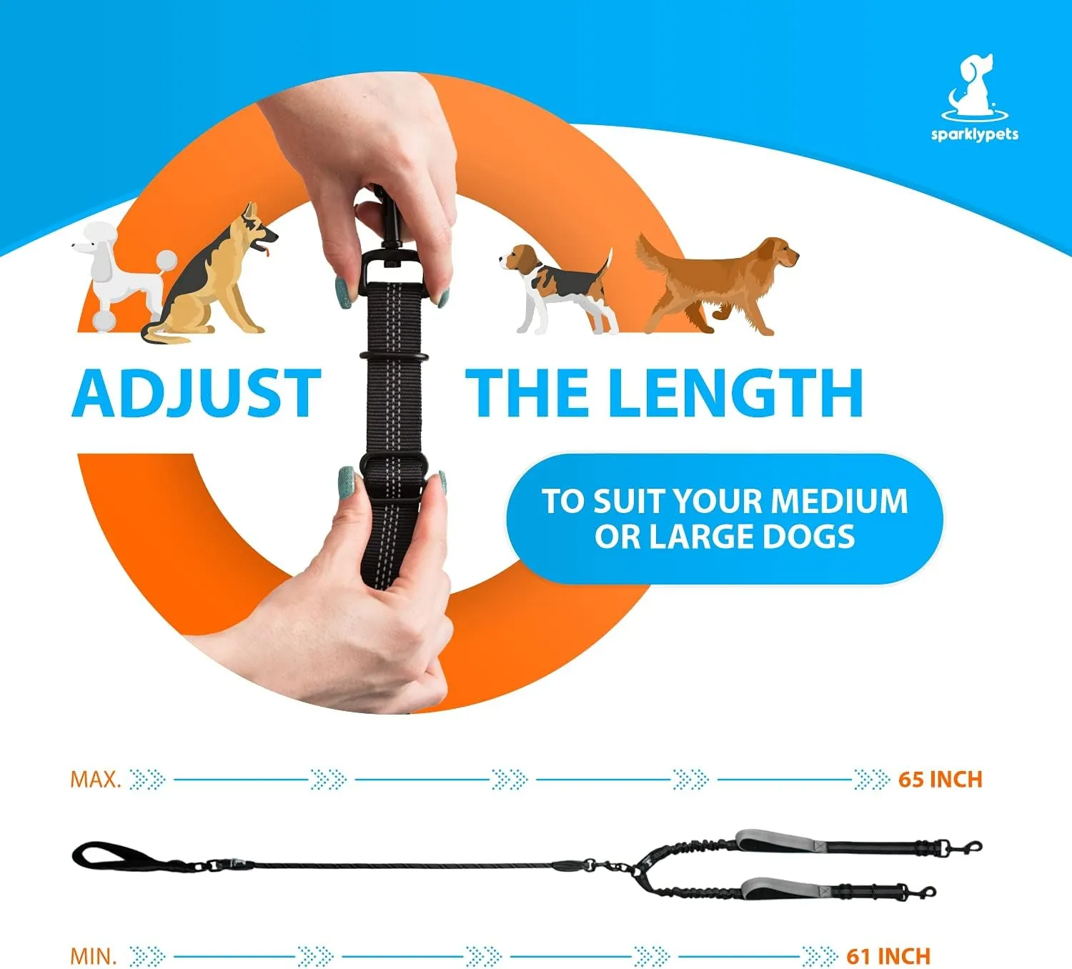 SparklyPets Double Dog Leash for 2 Dogs  Rope Bungee Dual Leash for Medium and Large Breeds with Padded Handles & Tangle Free (Black, Medium/Large)