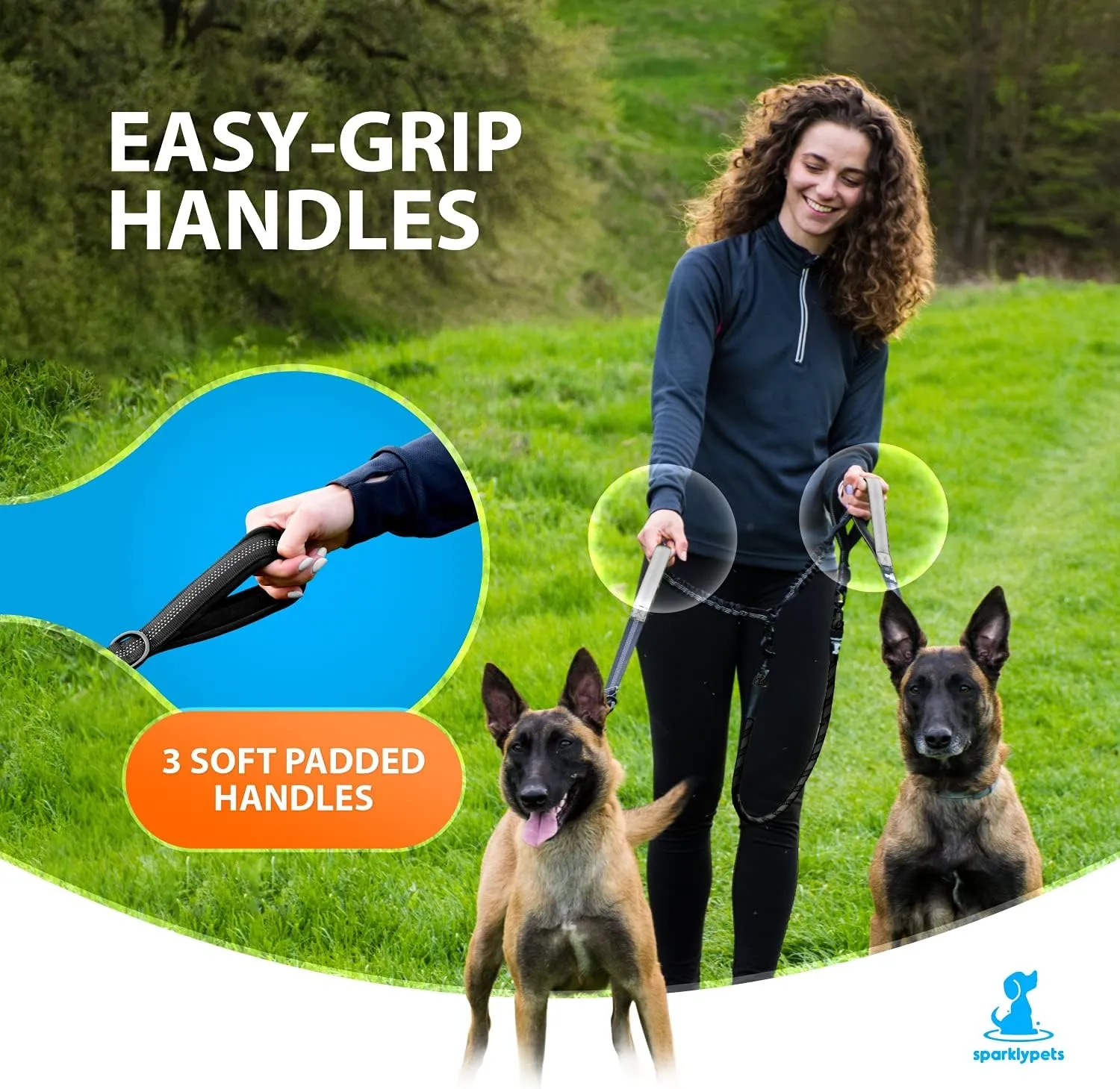 SparklyPets Double Dog Leash for 2 Dogs  Rope Bungee Dual Leash for Medium and Large Breeds with Padded Handles & Tangle Free (Black, Medium/Large)