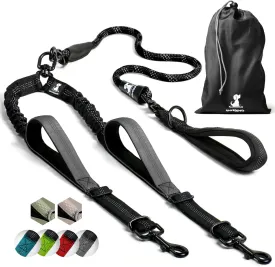 SparklyPets Double Dog Leash for 2 Dogs  Rope Bungee Dual Leash for Medium and Large Breeds with Padded Handles & Tangle Free (Black, Medium/Large)