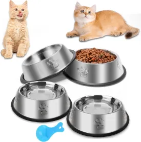 Stainless Steel Cat Bowl, 4 Pack Metal Dog Bowls for Food and Water, Non-Slip Pet Feeding Dish Bowl with Rubber Base for Cats Puppy Small Medium Dogs