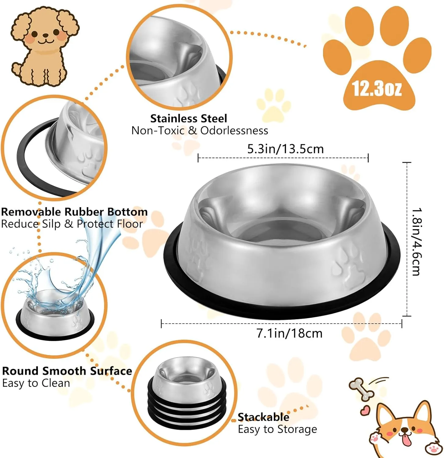 Stainless Steel Cat Bowl, 4 Pack Metal Dog Bowls for Food and Water, Non-Slip Pet Feeding Dish Bowl with Rubber Base for Cats Puppy Small Medium Dogs