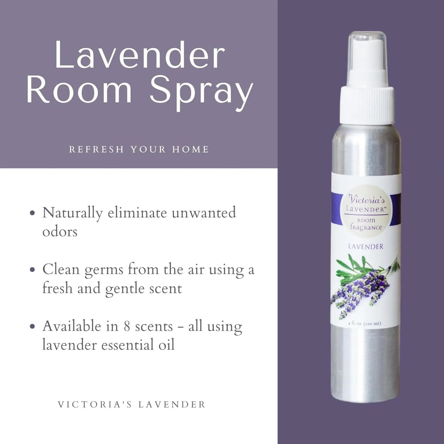 Victoria's Lavender Room Spray, All Natural Home Atmosphere Essential Oil Concentrated Room Fragrance, Air Freshener, Bathroom Odor Eliminator - Made in the USA, Lavender 4 Pack (4 Fl Oz)