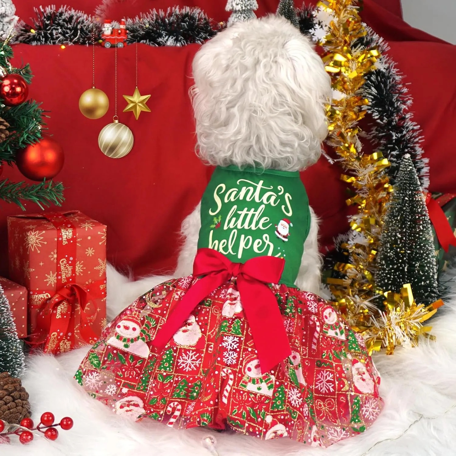 XPUDAC Dog Christmas Dress Outfit Snowman Tulle Dress Holiday Dog Clothes for Small Dogs Girl, Santa Pet Costume Cat Outfits-Medium