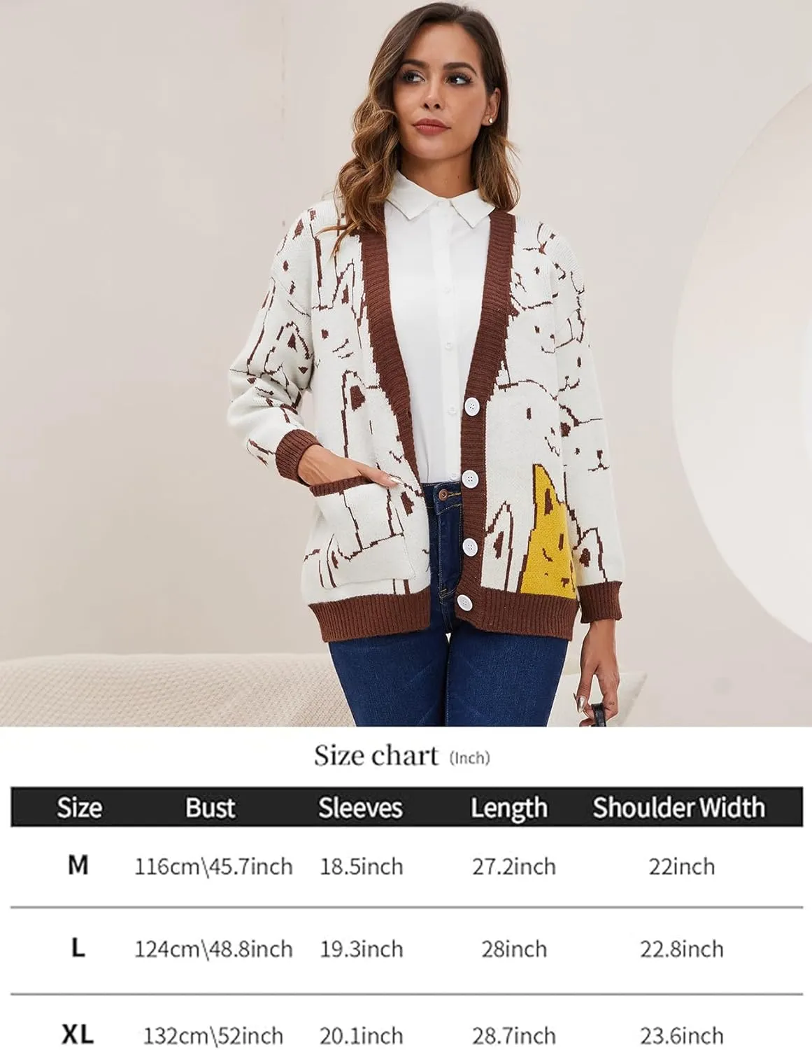 Yimoon Women's Kawaii Cat Cardigan Sweater Oversized V-Neck Button Down Knitted Loose Fit Cardigans
