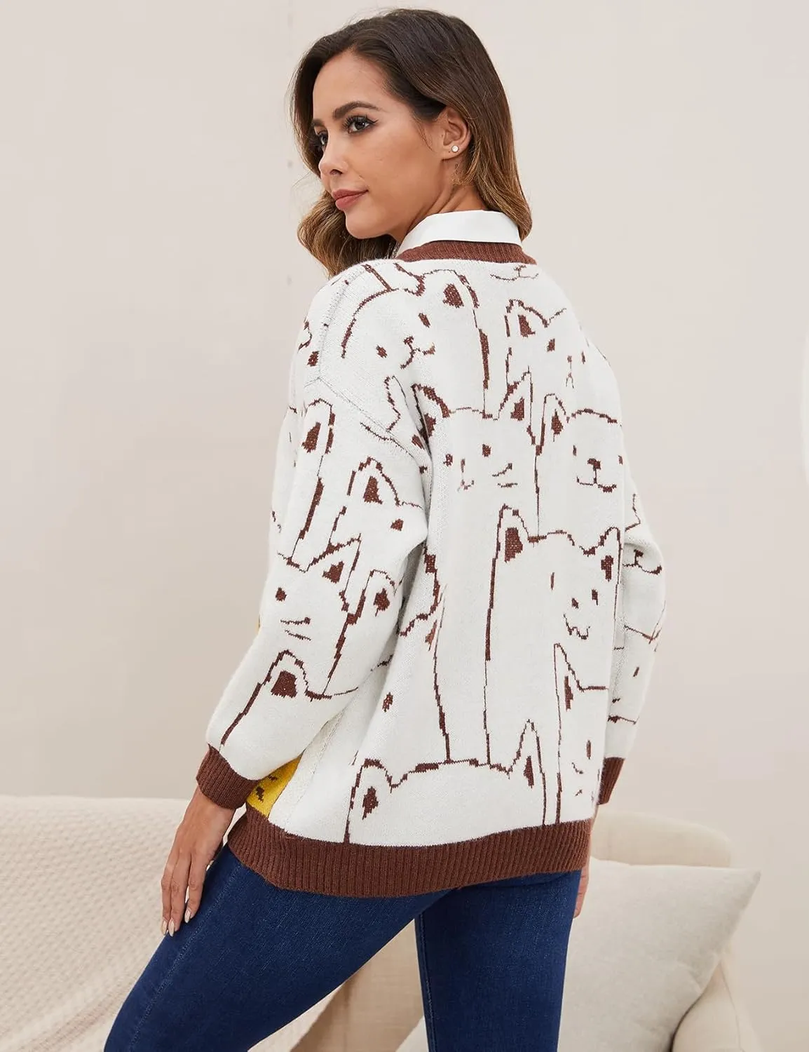 Yimoon Women's Kawaii Cat Cardigan Sweater Oversized V-Neck Button Down Knitted Loose Fit Cardigans