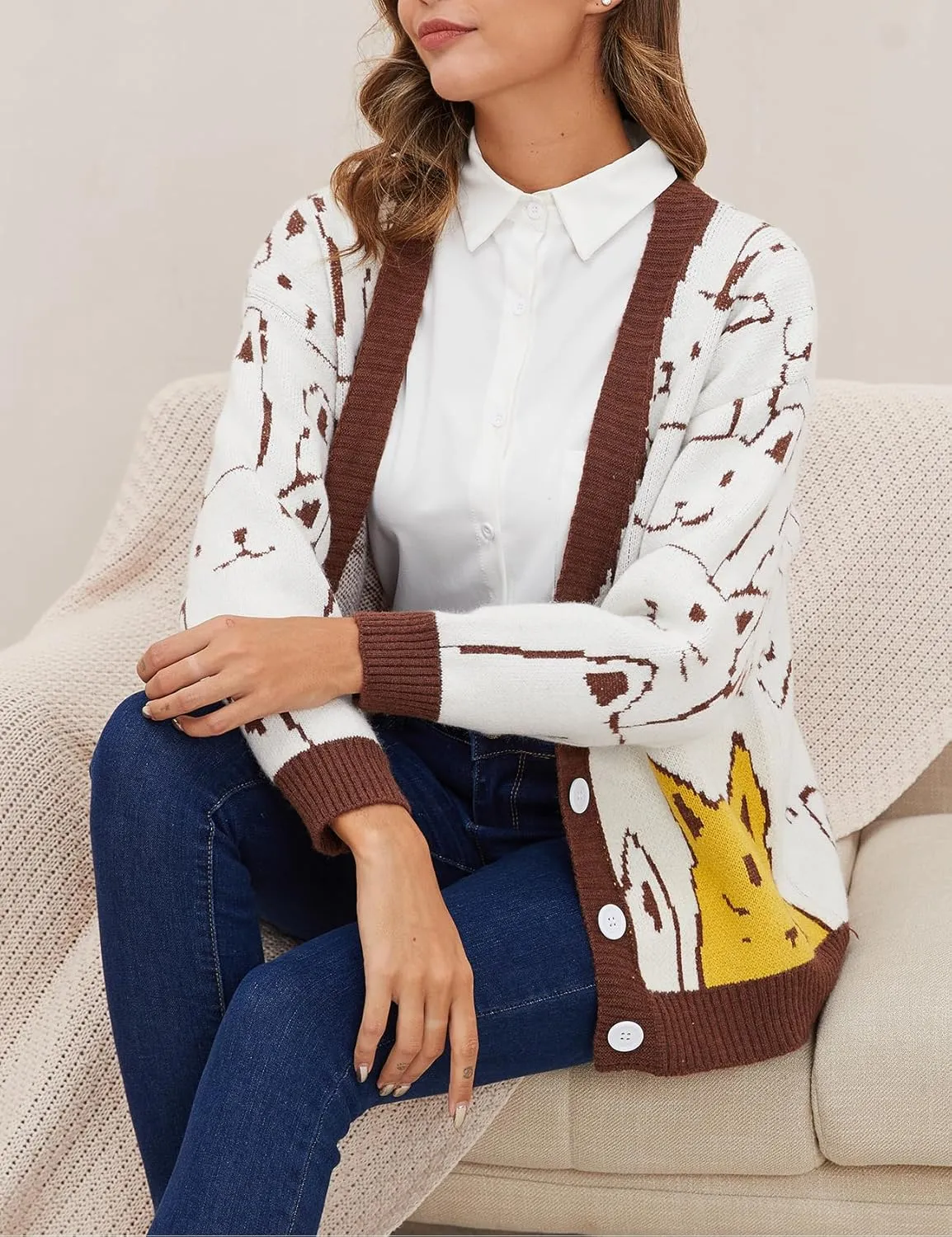 Yimoon Women's Kawaii Cat Cardigan Sweater Oversized V-Neck Button Down Knitted Loose Fit Cardigans