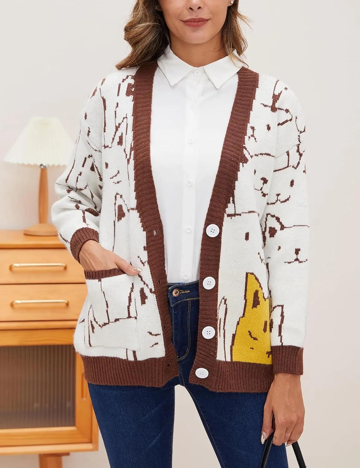 Yimoon Women's Kawaii Cat Cardigan Sweater Oversized V-Neck Button Down Knitted Loose Fit Cardigans