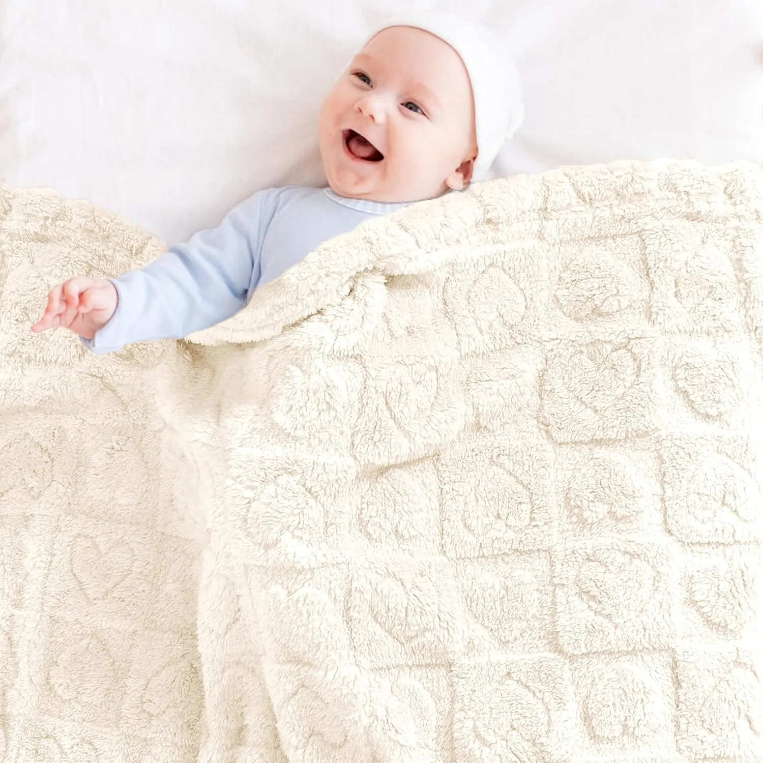 Yurhap Fleece Baby Blanket Heart Checkered Blanket, Ultra Soft Cozy Baby Blankets for Boys Girls, Fluffy Infant Toddler Newborn Receiving Blankets for Crib Stroller 3040 (Cream)