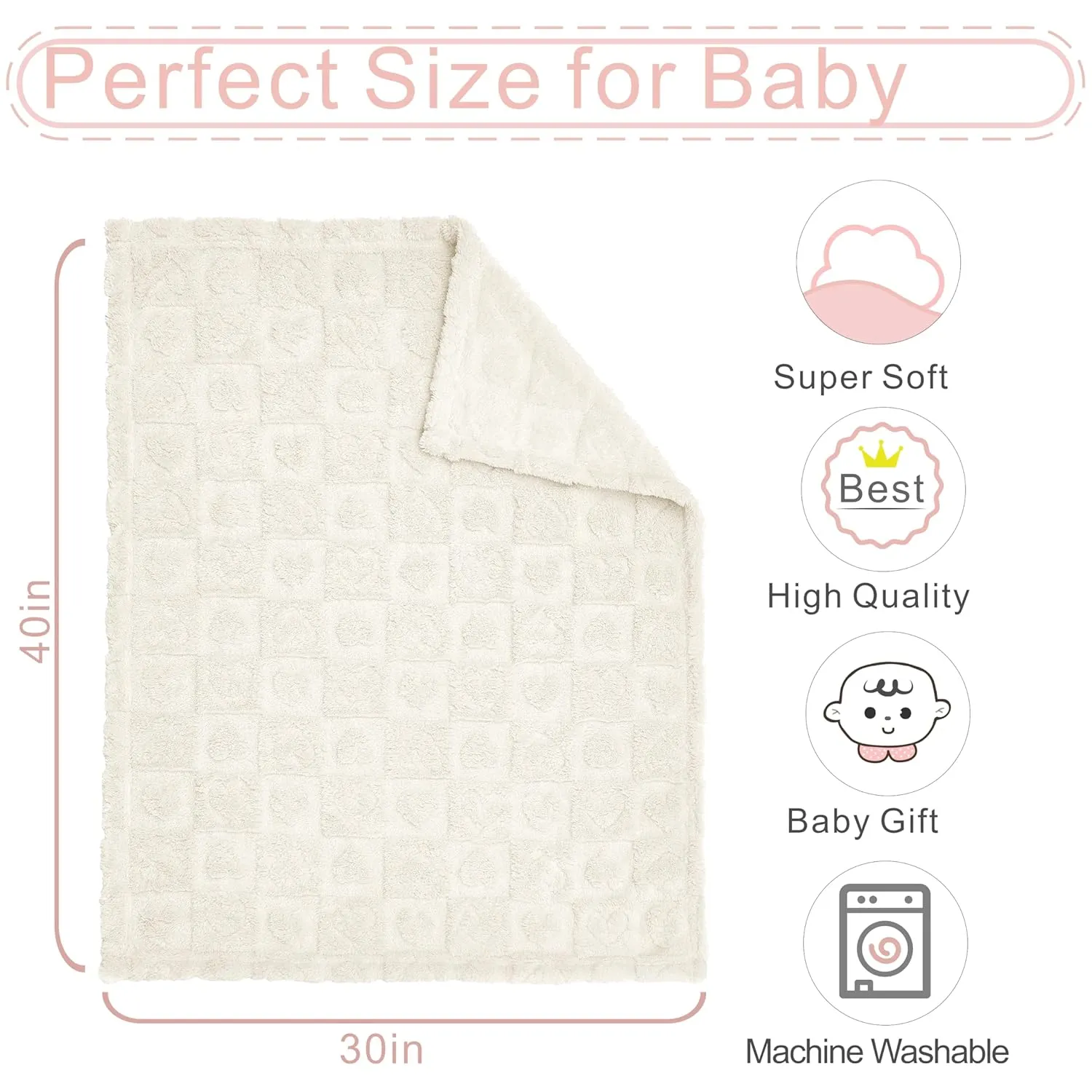 Yurhap Fleece Baby Blanket Heart Checkered Blanket, Ultra Soft Cozy Baby Blankets for Boys Girls, Fluffy Infant Toddler Newborn Receiving Blankets for Crib Stroller 3040 (Cream)