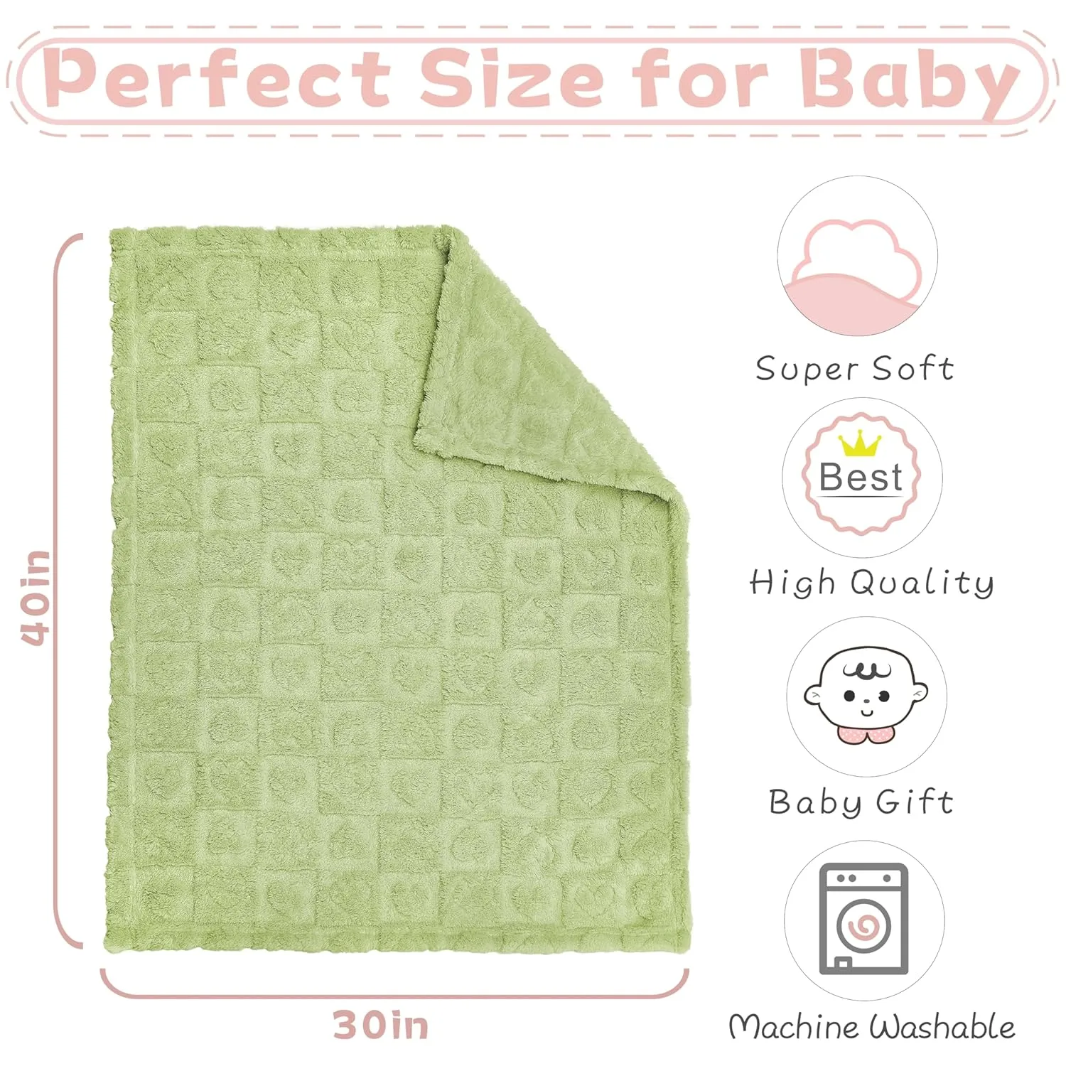 Yurhap Fleece Baby Blanket Heart Checkered Blanket, Ultra Soft Cozy Baby Blankets for Boys Girls, Fluffy Infant Toddler Newborn Receiving Blankets for Crib Stroller 3040 (Green)