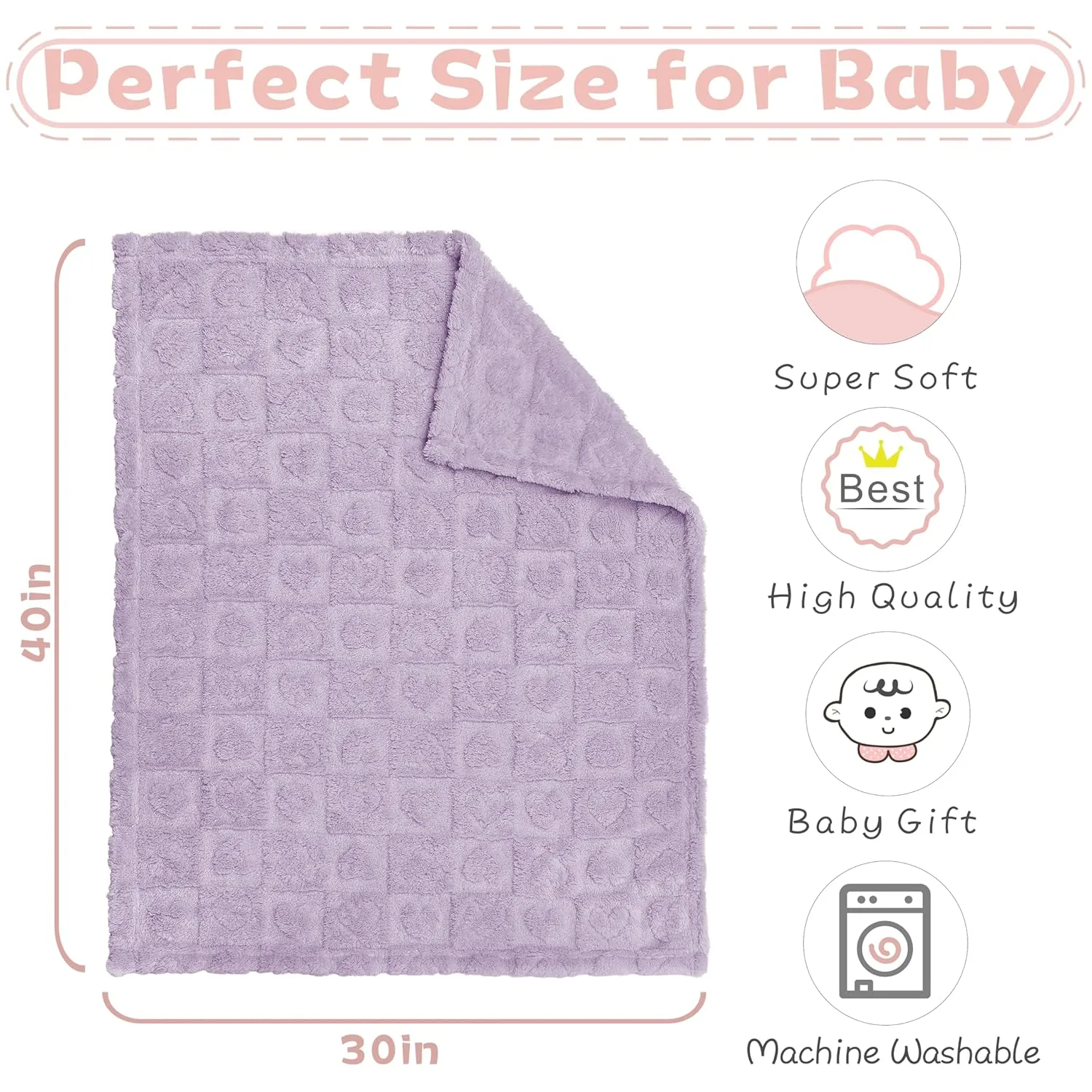 Yurhap Fleece Baby Blanket Heart Checkered Blanket, Ultra Soft Cozy Baby Blankets for Girls Boys, Fluffy Infant Toddler Newborn Receiving Blankets for Crib Stroller 3040 (Purple)